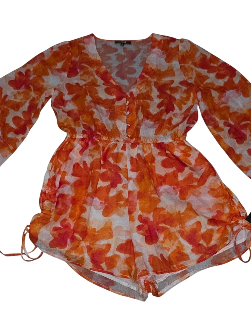 Lulus Sunny Demeanor Orange Floral Linen Blend Romper Long Sleeve Drawstring L - Picture 7 of 11